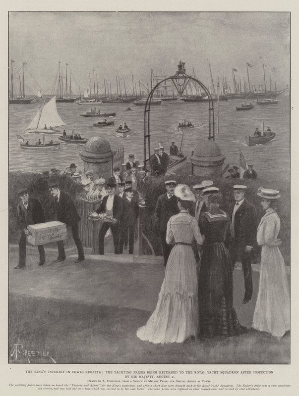 Kungens intresse för Cowes Regatta, Yachtingpriserna återlämnas till Royal Yacht Squadron efter inspektion av Hans Majestät, 2 augusti. av Amedee Forestier