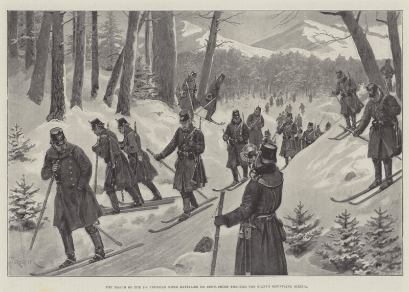 Den 5:e preussiska skyttebataljonens marsch på snöskor genom jättebergen, Schlesien av Amedee Forestier