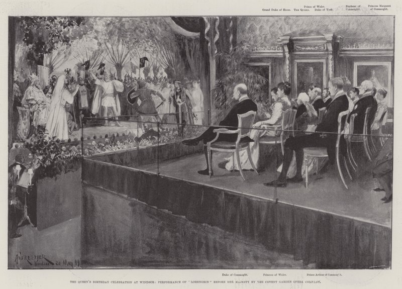Drottningens födelsedagsfirande i Windsor, framförande av Lohengrin före Hennes Majestät av Covent Garden Opera Company av Amedee Forestier