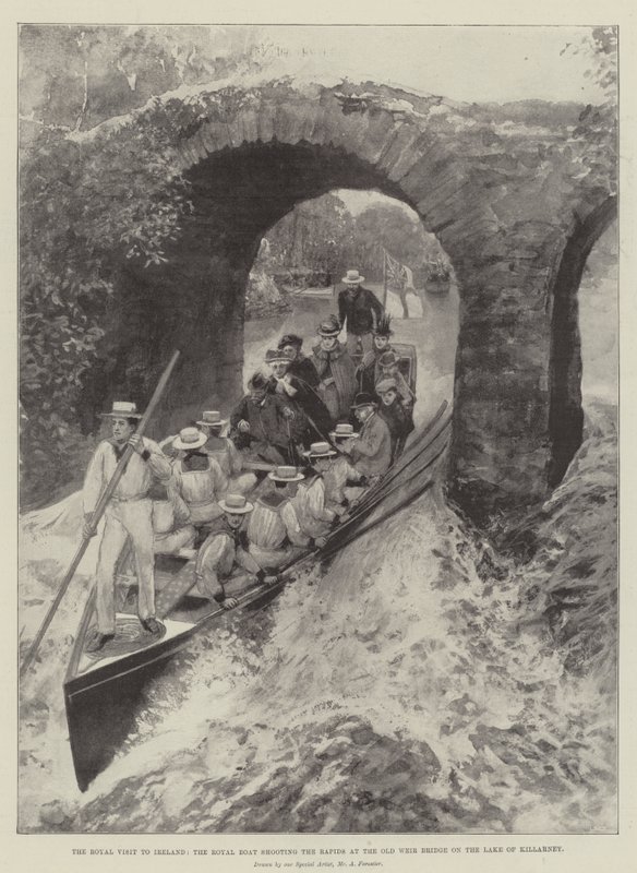 Det kungliga besöket i Irland, den kungliga båten som skjuter forsarna vid Old Weir Bridge på Lake of Killarney av Amedee Forestier