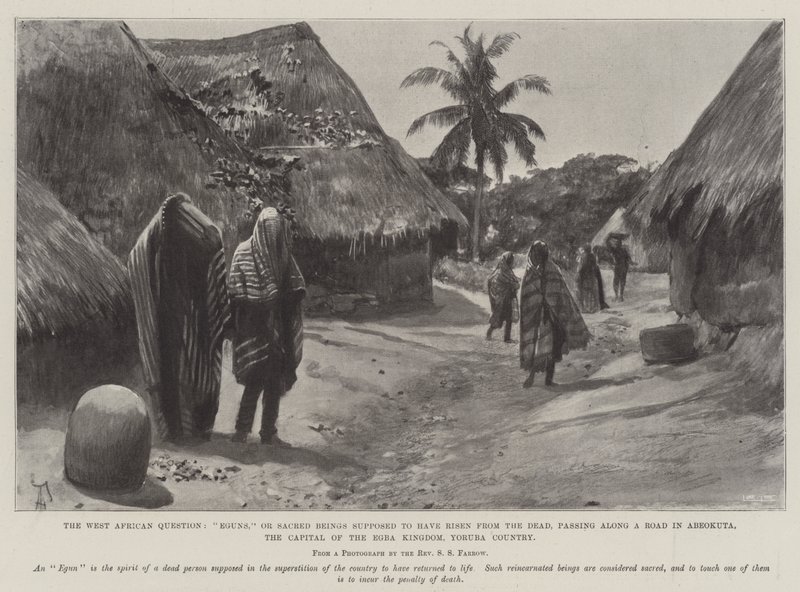 Den västafrikanska frågan, eguns eller heliga varelser som antas ha uppstått från de döda och passerat längs en väg i Abeokuta, huvudstaden i Egba Kingdom, Yoruba Country av Amedee Forestier
