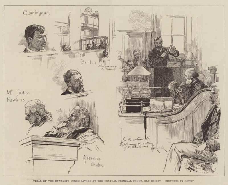 Rättegång mot Dynamite Conspirators vid Central Criminal Court, Old Bailey, Sketches in Court av Amedee Forestier