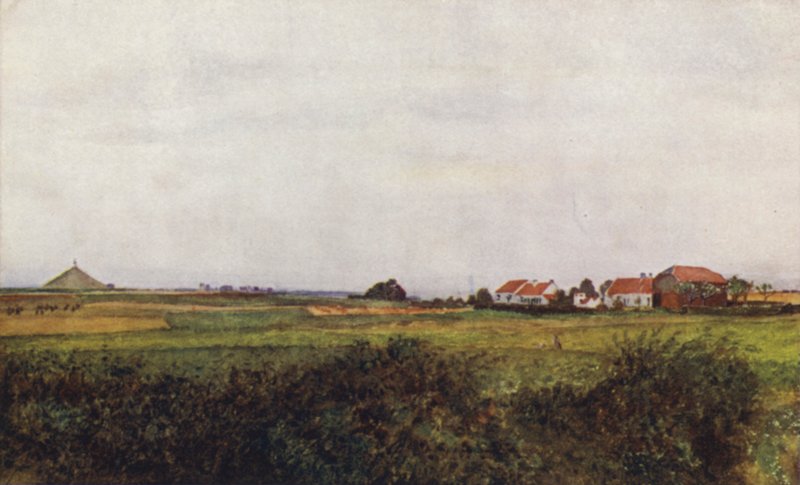 Farm of La Belle Alliance och högen övervunnen av det belgiska lejonet, Waterloo av after Amedee Forestier