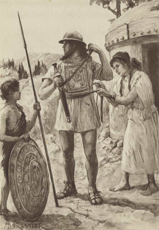 En kursiv bonde från bronsåldern rustad för strid (litho) av Amedee (after) Forestier