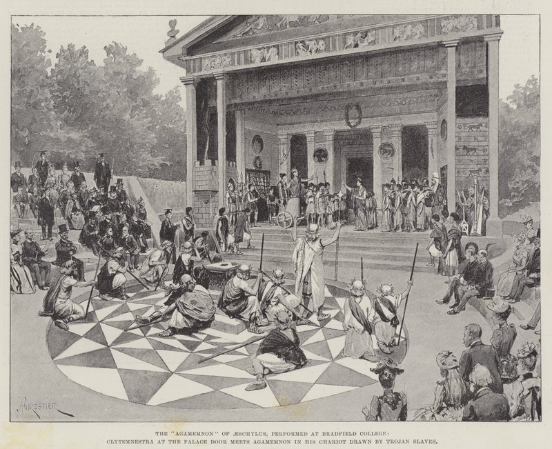"Agamemnon" av Aeschylus, framförd på Bradfield College, Klytemnestra vid Palace Door möter Agamemnon i sin vagn tecknad av sina trojanska slavar (litho) av Amedee (after) Forestier