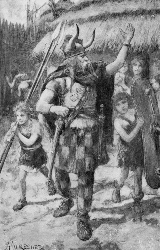 De keltiska invånarna i en by i Storbritannien gav sig ut för att driva bort de invaderande germanerna (litho) av Amedee (after) Forestier