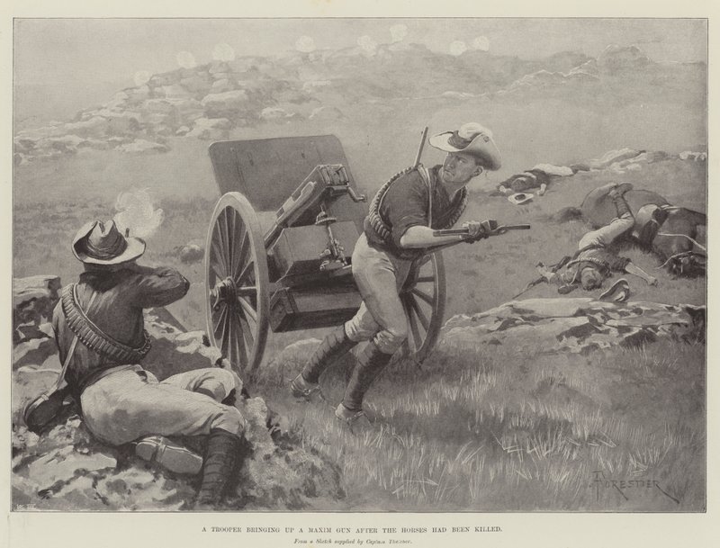 En soldat tar upp en Maxim Gun efter att hästarna hade dödats av Amedee Forestier