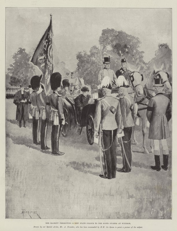 Hennes Majestät presenterar en ny statlig flagga för skottgardet i Windsor. av Amedee Forestier
