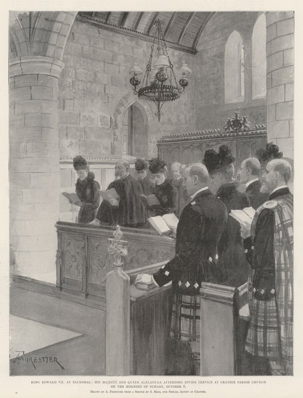 Kung Edward VII i Balmoral, hans majestät och drottning Alexandra närvarar i gudstjänst i Crathie Parish Church på söndagsmorgonen den 6 oktober av Amedee Forestier