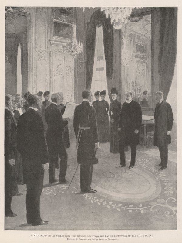 Kung Edward VII i Köpenhamn, Hans Majestät tar emot den danska deputationen i Kungliga palatset av Amedee Forestier
