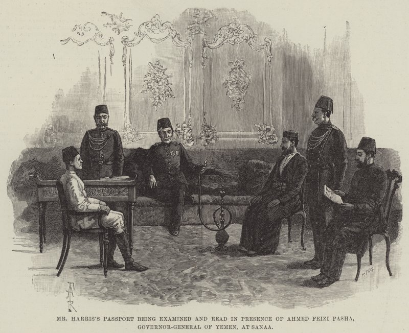 Herr Harris pass undersöks och läses i närvaro av Ahmed Feizi Pasha, Jemens generalguvernör, i Sanaa av Amedee Forestier