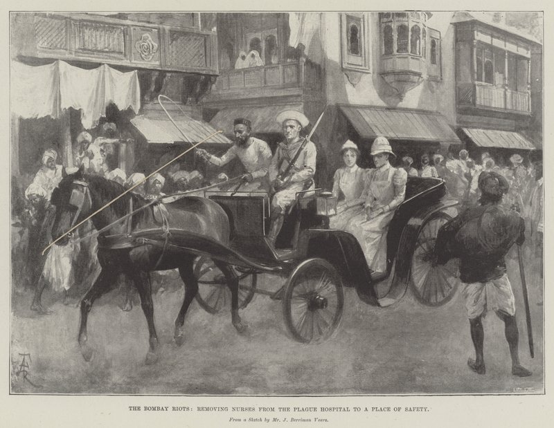 The Bombay Riots, tar bort sjuksköterskor från pestsjukhuset till en plats för säkerhet av Amedee Forestier