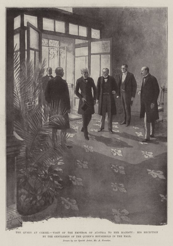 Drottningen i Cimiez, Österrikes kejsares besök hos Hennes Majestät, hans mottagande av herrarna i drottningens hushåll i salen av Amedee Forestier