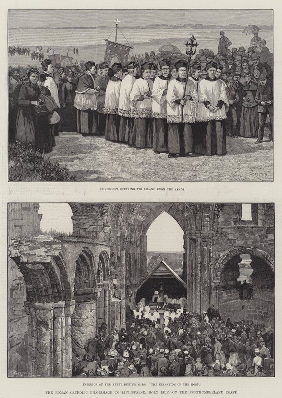 Den romersk-katolska pilgrimsfärden till Lindisfarne, Holy Isle, på Northumberland Coast av Amedee Forestier