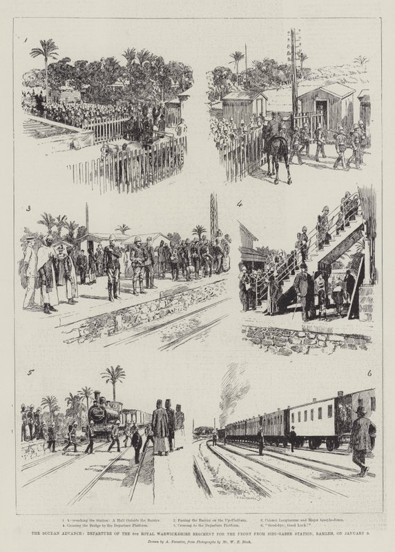 Soudan Advance, avgång av 6:e Royal Warwickshire Regiment för fronten från Sidi-Gaber Station, Ramleh, den 9 januari av Amedee Forestier
