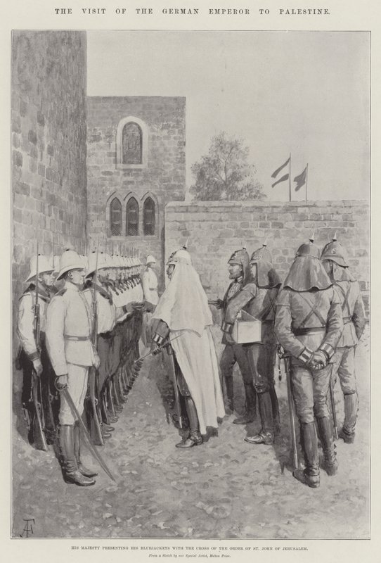 Den tyske kejsarens besök i Palestina, Hans Majestät överlämnar Johanneskorset till sina blåjackor till sina blåjackor. av Amedee Forestier