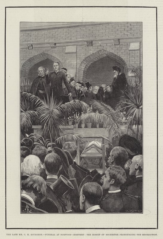 Den framlidne Mr CH Spurgeon, begravning på Norwood Cemetery, biskopen av Rochester uttalar välsignelsen av Amedee Forestier