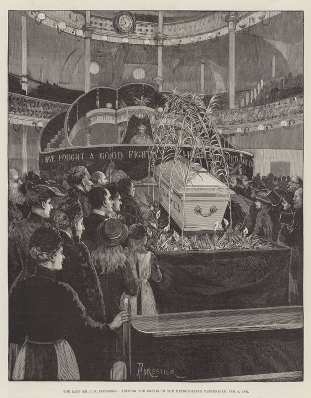 Den avlidne C H Spurgeon, när han tittade på kistan i Metropolitan Tabernacle, 9 februari 1892. av Amedee Forestier