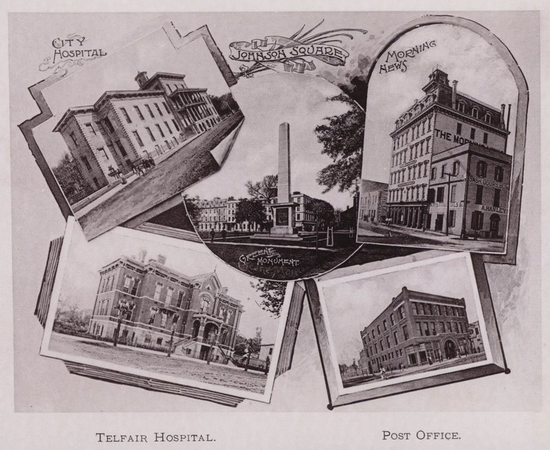 Stadssjukhuset; Johnson Square; Greene monument; Morning News, Telfair Hospital, Post Office (s/v foto) av American Photographer (after)