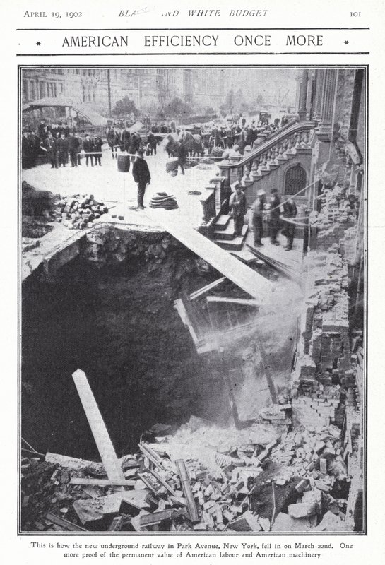 Kollaps av en del av tunnelbanetunneln på Park Avenue, New York City, USA, 22 mars 1902 (s/v foto) av American Photographer (after)