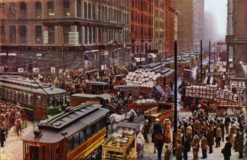 En hektisk dag på Dearborn och Randolph Streets (färgfoto) av American Photographer