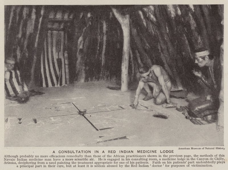 En konsultation i en röd indiansk medicinhydda (svartvitt foto) av American Photographer
