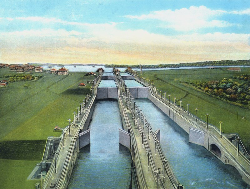 Fågelperspektiv av Gatun Locks, som visar alla slussar, Panamakanalen av American Photographer
