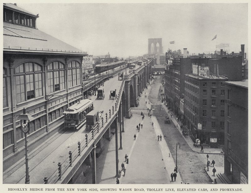 Brooklyn Bridge från New York Side, som visar Wagon Road, Trolley Line, Elevated Cars och Promenade (s/v foto) av American Photographer