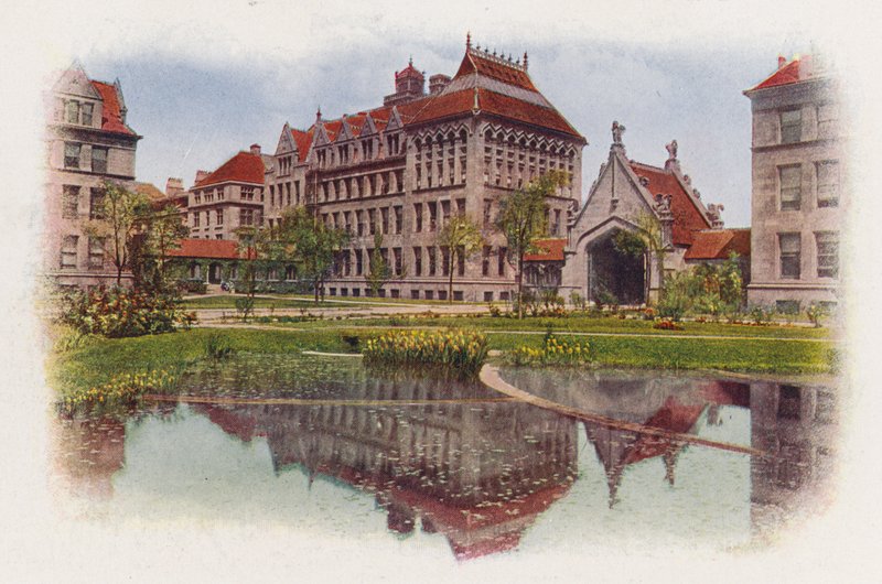Chicago: Hull Court, från Botany Pond, Anatomy Building och Hull Gate (färgfoto) av American Photographer