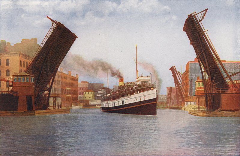 Chicago: State Street Bascule Bridge lyfts för Excursion Steamer (färgfoto) av American Photographer