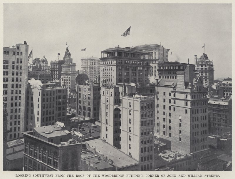 Ser sydväst från taket på Woodbridge Building, Corner of John and William Streets (s/v foto) av American Photographer