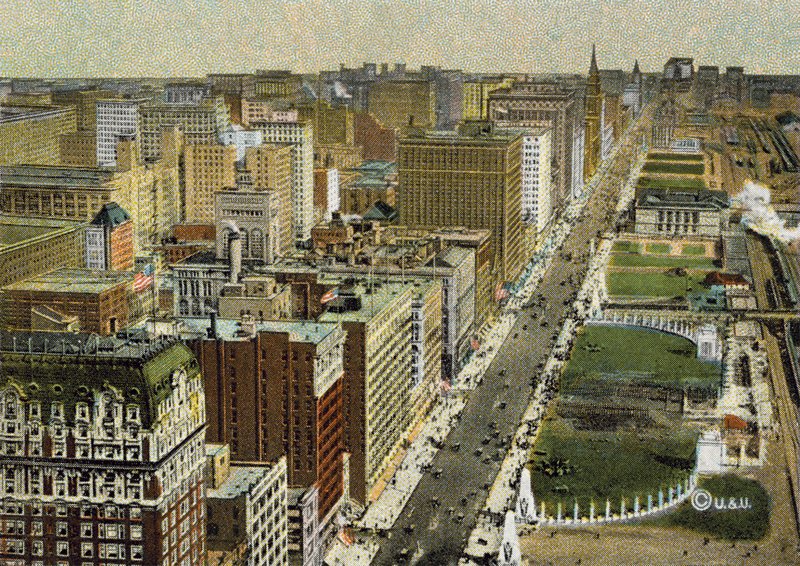 Michigan Boulevard, tittar norrut, sett från flygplan (färgat foto) av American Photographer