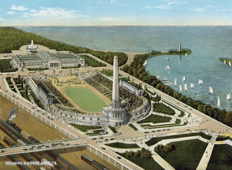 Soldiers Field and Field Museum vid sjöfronten (färgad bild) av American Photographer