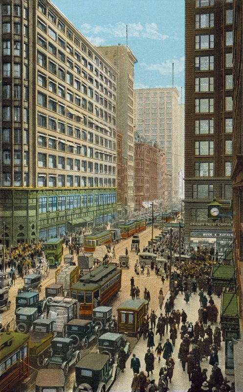 State and Madison Streets, mest trafikerade hörnet i världen (färgat foto) av American Photographer