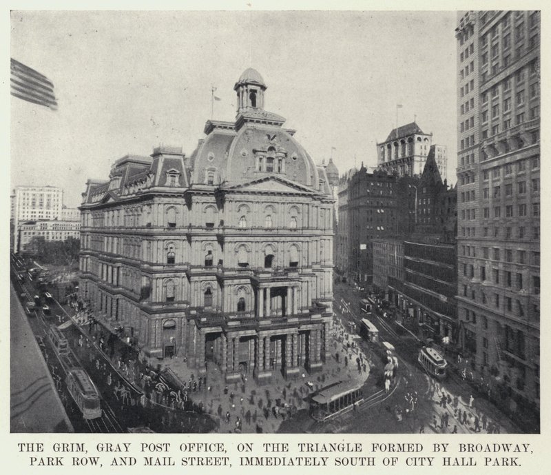The Grim, Grey Post Office, på triangeln som bildas av Broadway, Park Row och Mail Street, omedelbart söder om City Hall Park (s/v foto) av American Photographer