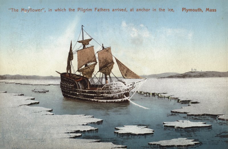 Mayflower, som pilgrimsfäderna anlände med, ligger för ankar i isen, Plymouth, Massachusetts (färgfoto) av American Photographer