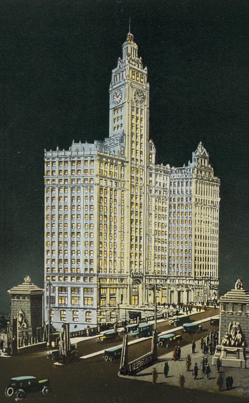Wrigley Building, södra och norra sektionen, by Night (färgad bild) av American Photographer