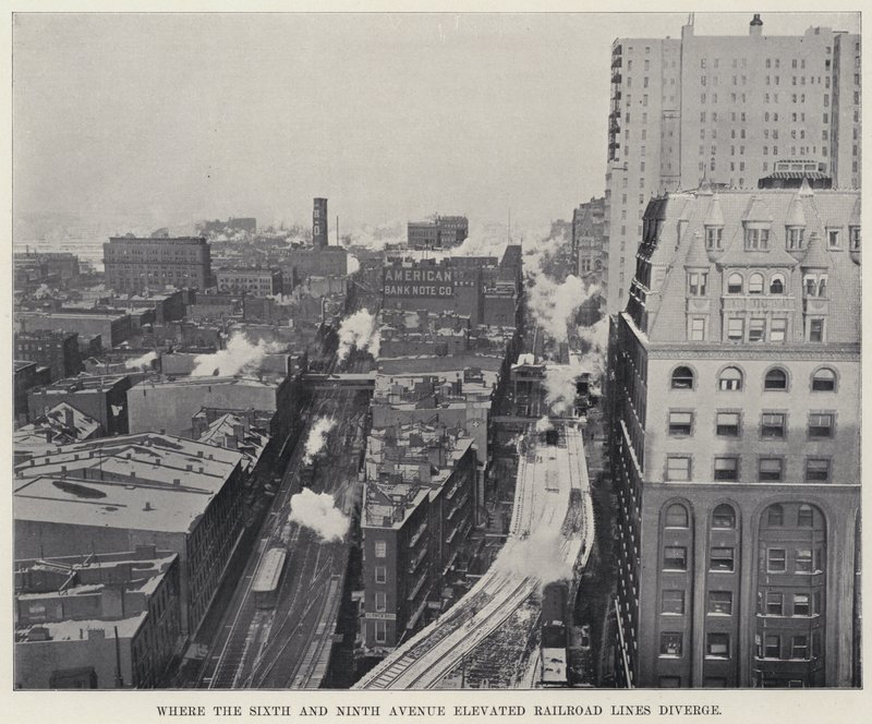 Där Sixth and Ninth Avenue Elevated Railroad Lines divergerar (s/v foto) av American Photographer