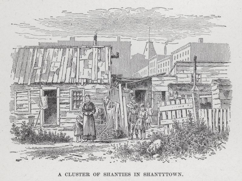 Ett kluster av shanties i Shantytown (litho) av American School