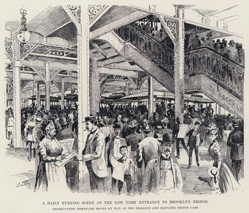 En daglig kvällsscen vid New York-entrén till Brooklyn Bridge (litho) av American School