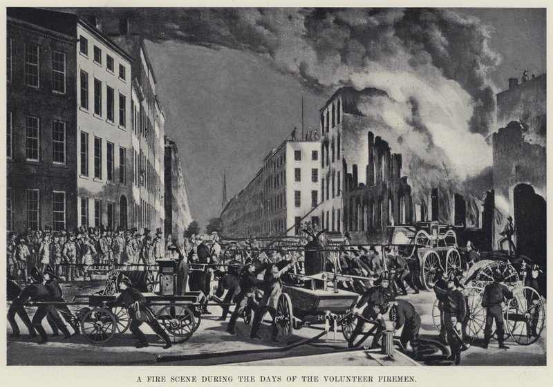 En brandscen under de frivilliga brandmännens dagar (litho) av American School