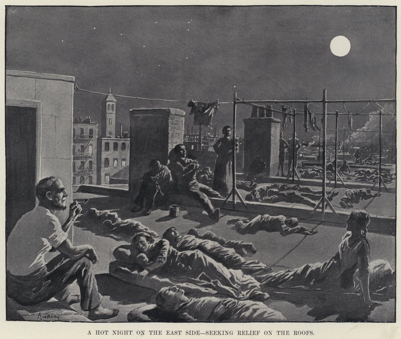 En het natt på östra sidan, söker lättnad på taken (litho) av American School
