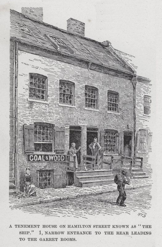 Ett hyreshus på Hamilton Street känd som "Skeppet", 1, smal ingång på baksidan som leder till Garret-rummen (litho) av American School