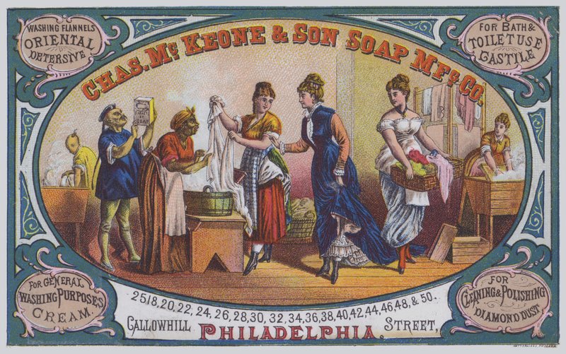 Annons för Charles McKeone & Son Soap Manufacturing Company, Philadelphia, Pennsylvania, USA (färg litho) av American School