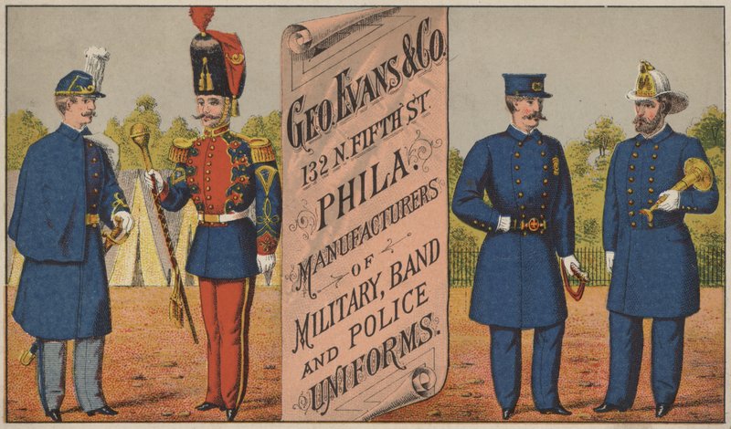 Annons för George Evans & Co, tillverkare av militär-, band- och polisuniformer, 132 N Fifth Street, Philadelphia av American School
