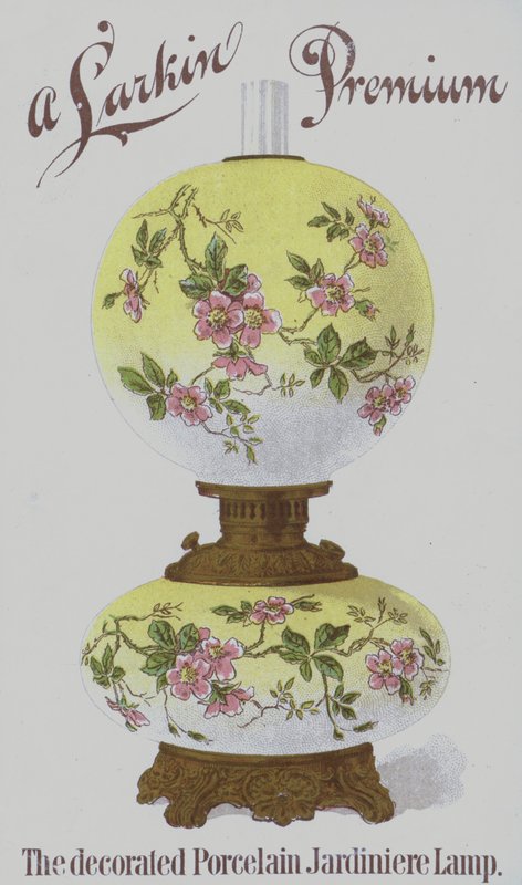 Annons för Larkin Premium dekorerade jardiniere-lampor i porslin (chromolitho) av American School