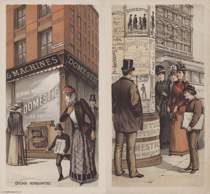 Annons för Domestic Sewing Machine Company, Chicago, Illinois, USA (färg litho) av American School