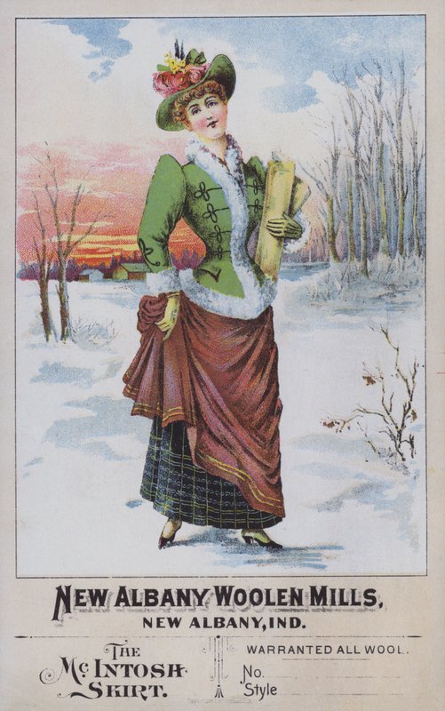 Annons för McIntosh-kjolen, från New Albany Woolen Mills, Indiana, USA (chromolitho) av American School
