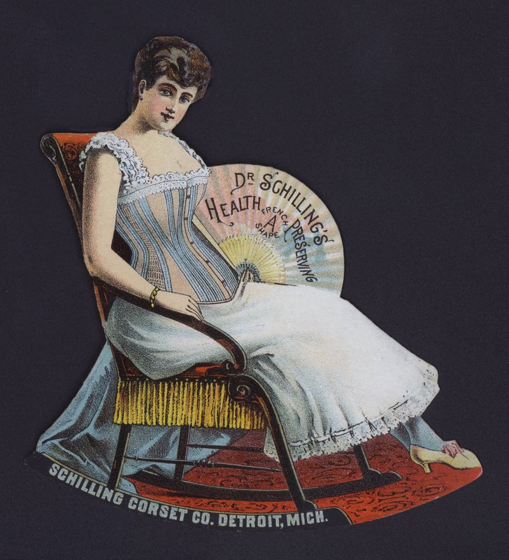 Annons för Schilling Corset Company, Detroit, Michigan, USA (färg litho) av American School