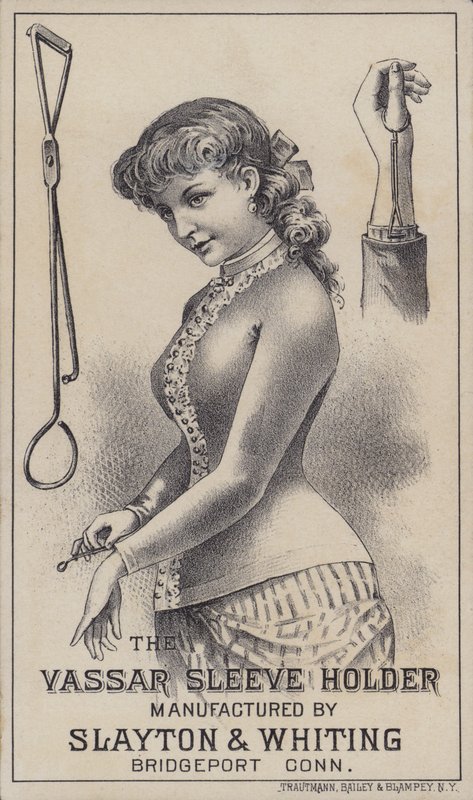 Annons för Vassar-hylshållaren, tillverkad av Slayton & Whiting, Bridgeport, Connecticut, USA (färg litho) av American School